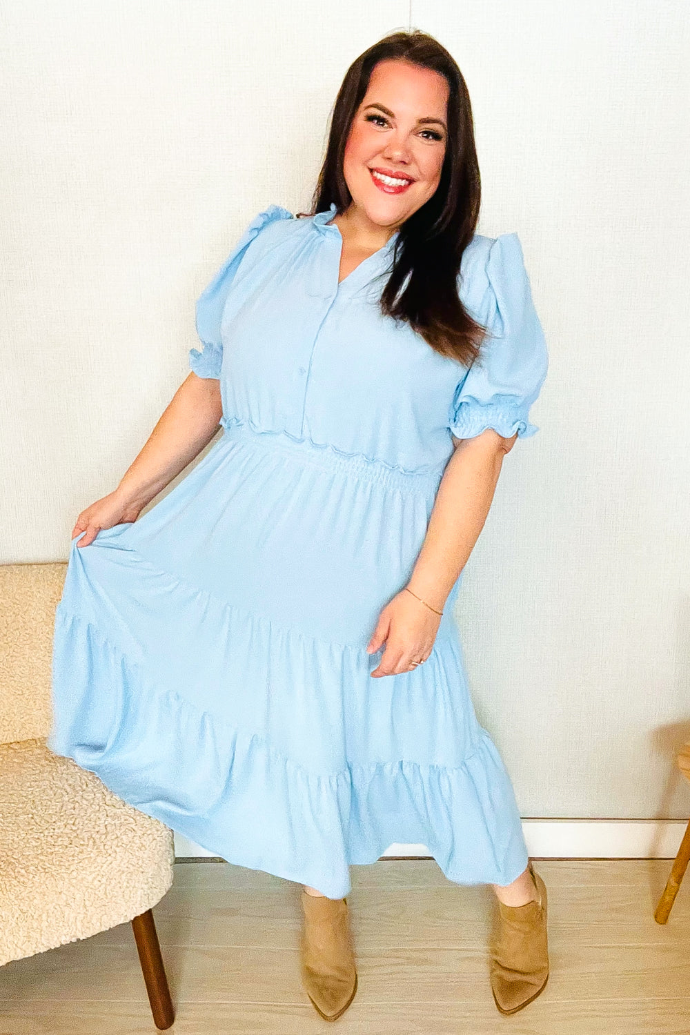 Follow Me Aqua Frill Notch Neck Shirred Waist Tiered Maxi Dress Honey in the Rock Follow Me Aqua Frill Notch Neck Shirred Waist Tiered Maxi Dress Honey in the Rock