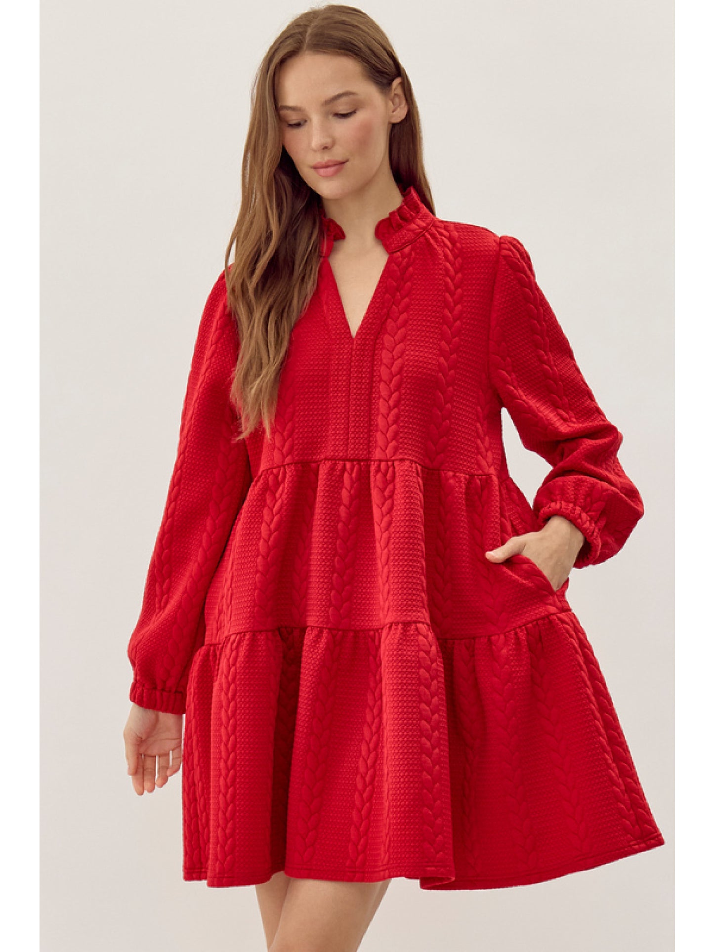 Frill and Flow: Textured Tiered Dress - Red