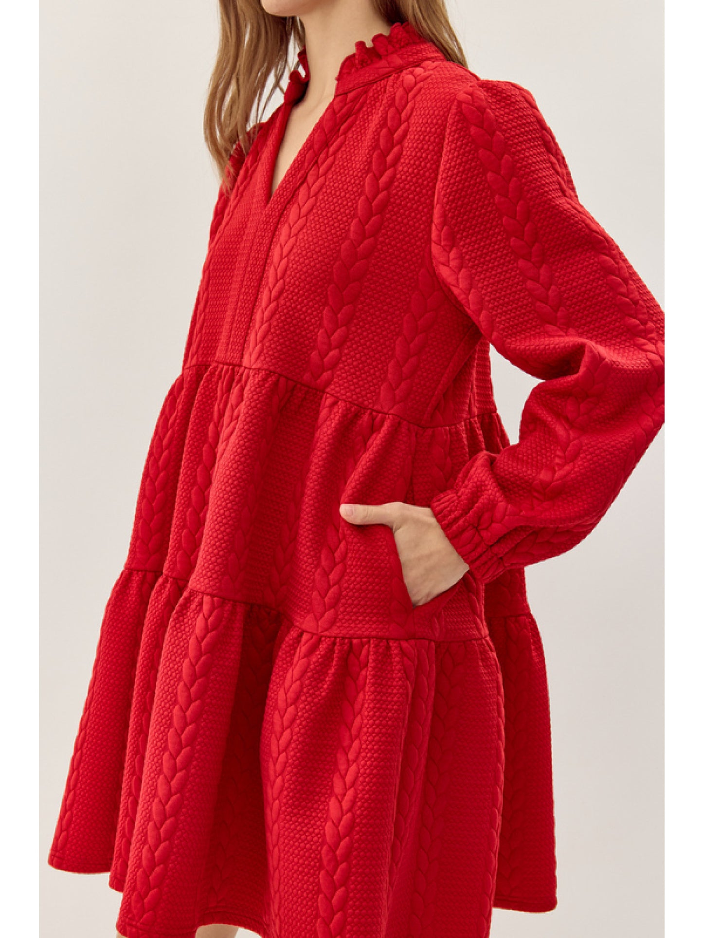 Frill and Flow: Textured Tiered Dress - Red