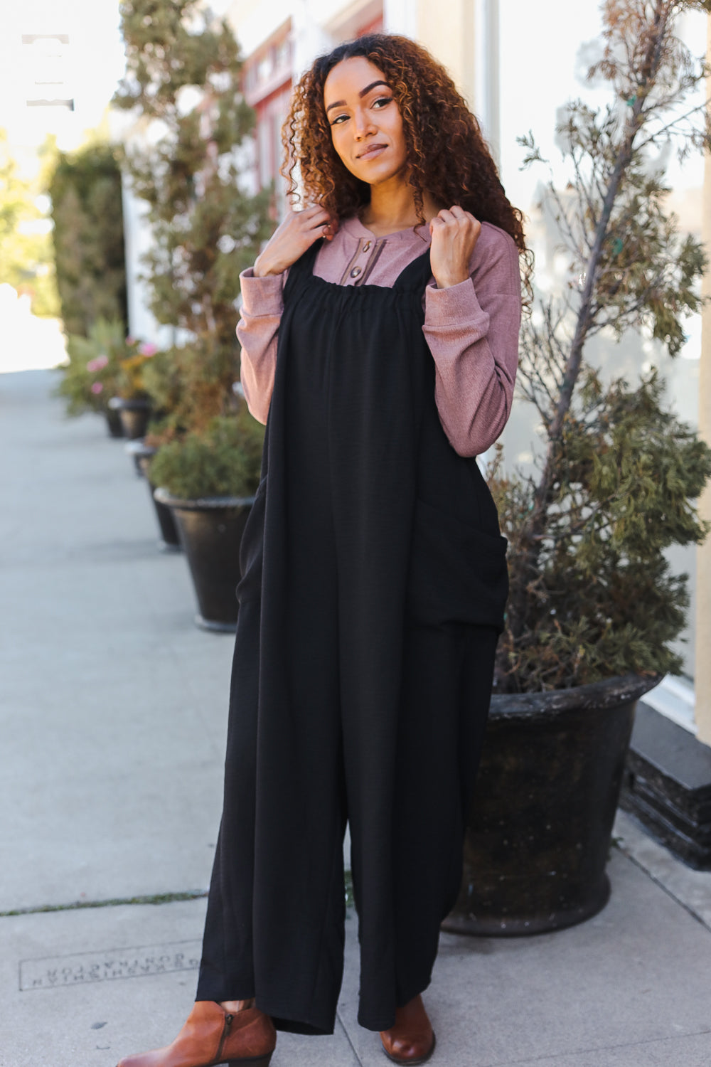 Feeing Joyful Black Wide Leg Adjustable Baggy Bib Jumpsuit