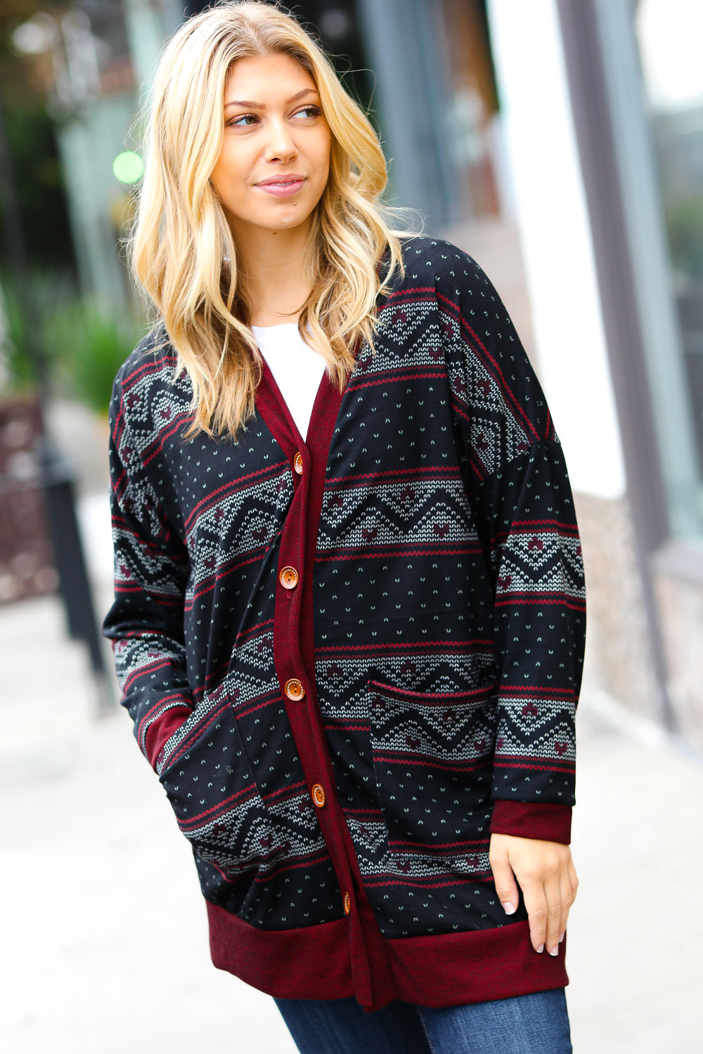 Classic Burgundy Holiday Print Button Cardigan