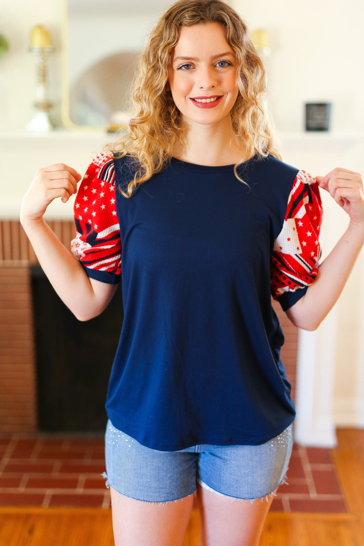 Stand-Out Navy Patriotic Patchwork Puff Sleeve Top