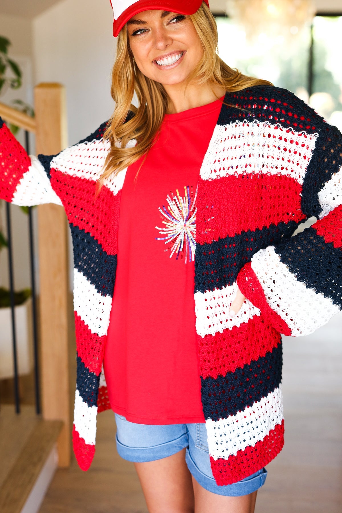 Simply Patriotic Red White & Blue Striped Crochet Cardigan