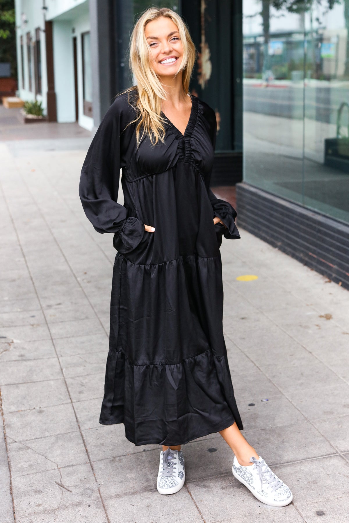 Elegant Black Elastic V Neck Tiered Satin Maxi Dress