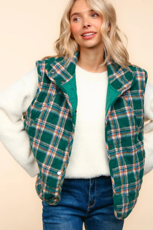 High Neck Snap-Button Plaid Quilted Puffer Vest