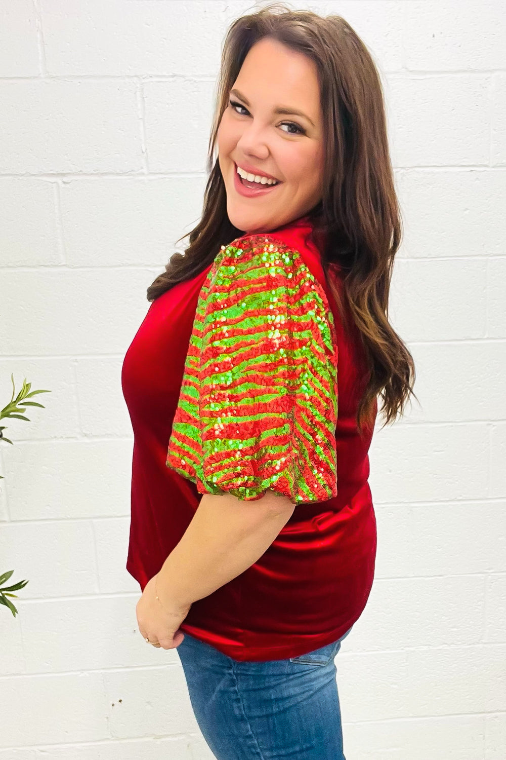 Warmest Wishes Red & Green Sequin Puff Sleeve Velvet Top