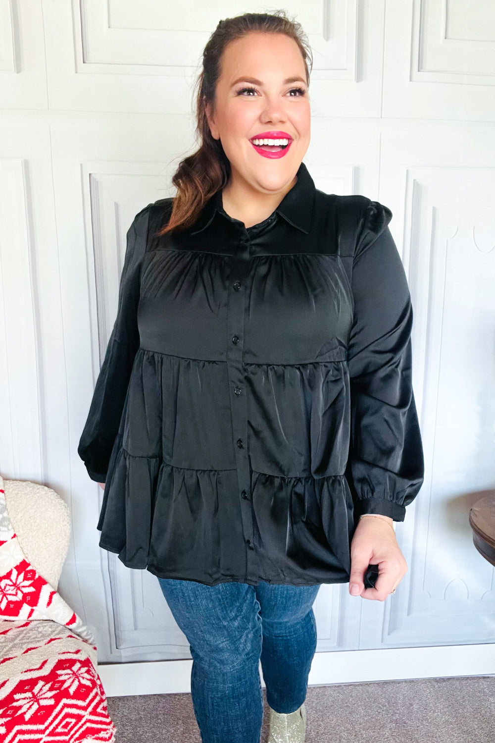 Perfectly You Black Button Down Tiered Babydoll Satin Top