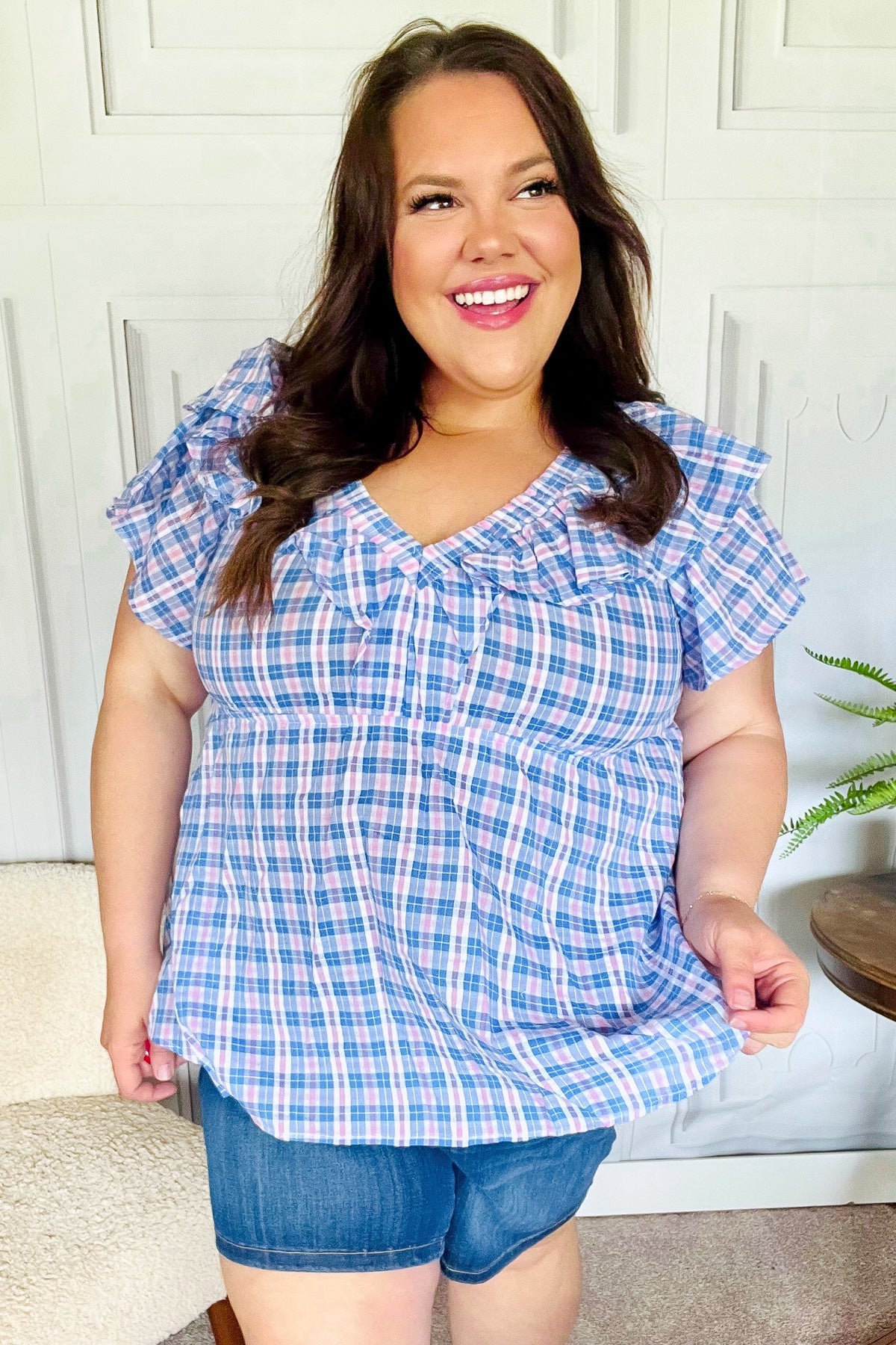 Hello Beautiful Blue Plaid V Neck Ruffle Elastic Babydoll Top