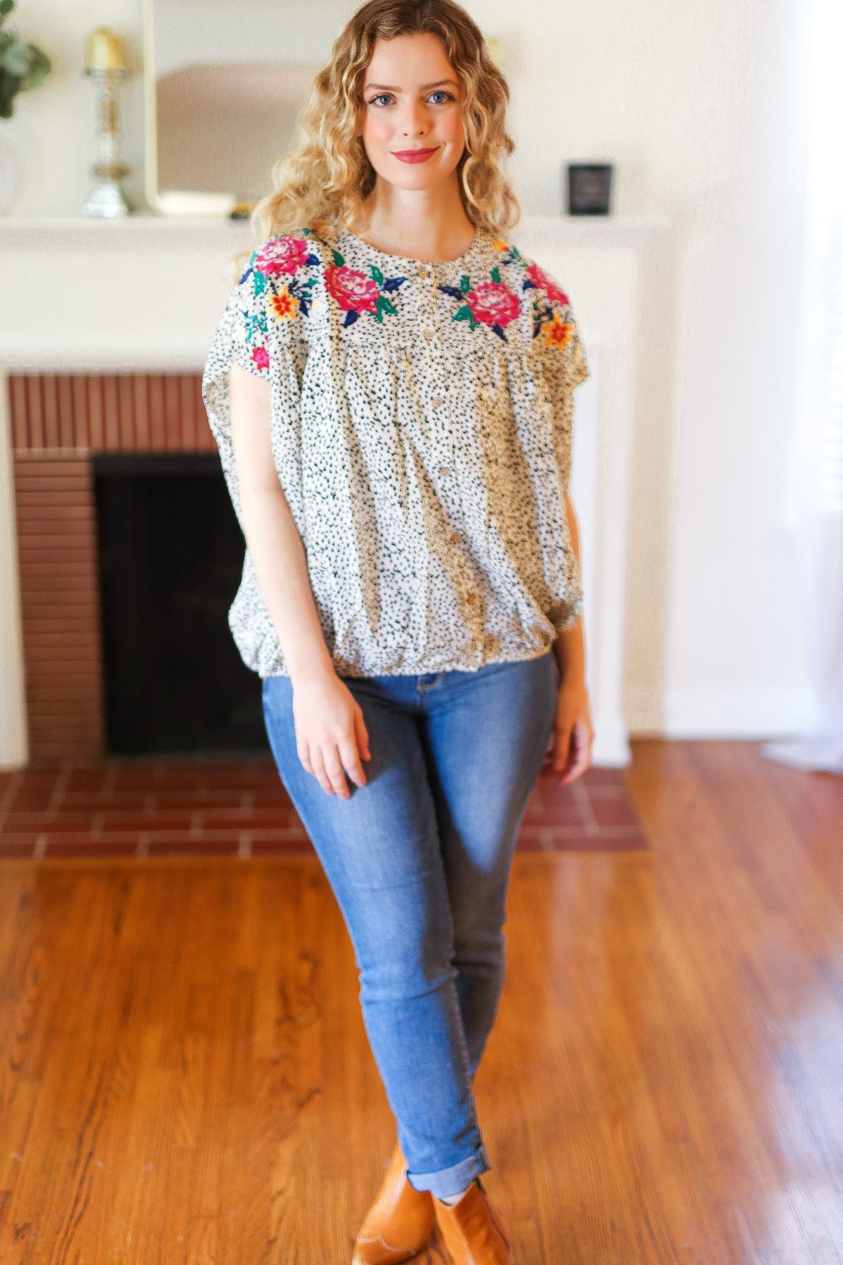 Perfectly Poised Ivory Animal Print Floral Embroidery Button Down Top